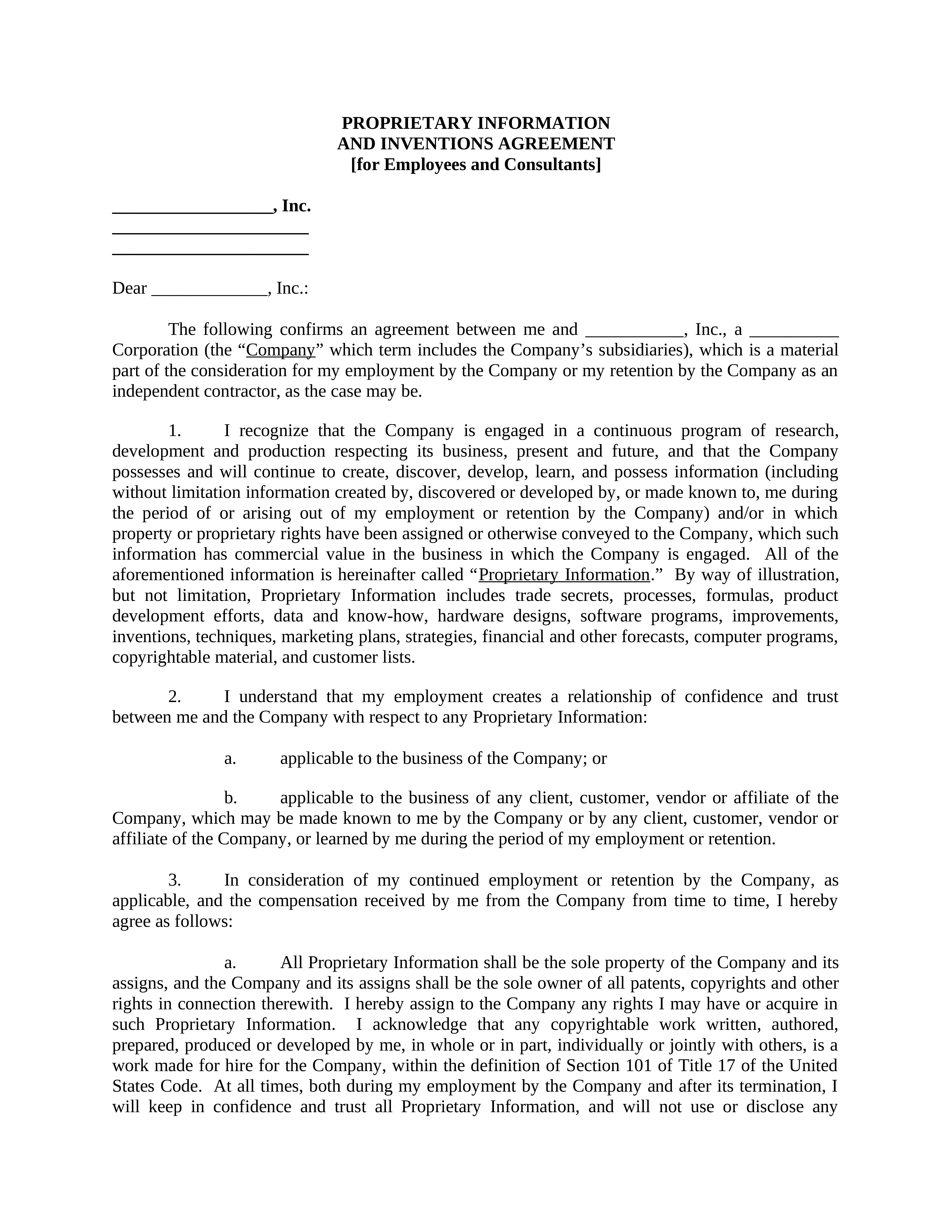 Proprietary Information and Inventions Agreement